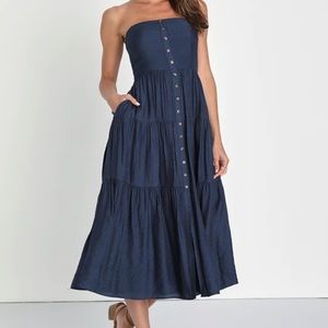 Lulus Sweetness and Sunshine Navy Strapless Midi Dress With Pockets- never worn